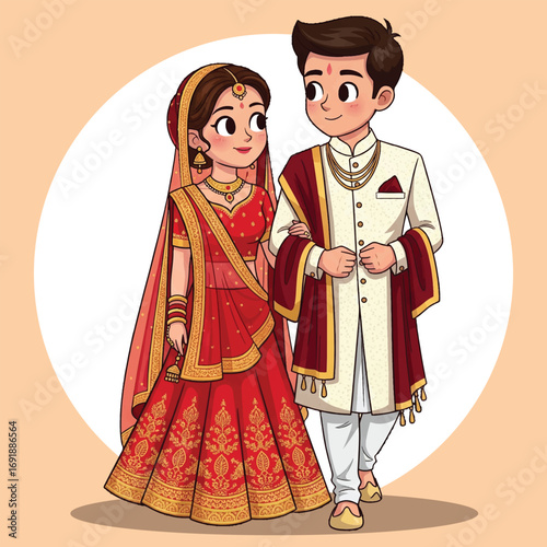 Adorable Cartoon Indian Wedding Couple Illustration in Red Bridal Lehenga and White Sherwani