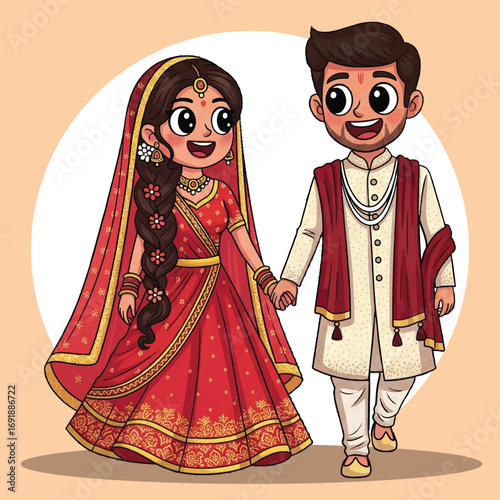 Cute Cartoon Indian Wedding Couple Illustration in Traditional Red Bridal Lehenga and Sherwani