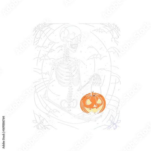 Skeleton holding pumpkin scary Halloween illustration