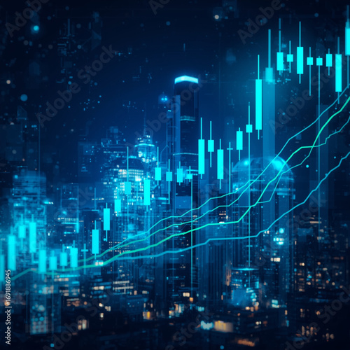 A futuristic digital illustration of the stock market with glowing candlestick charts, neon blue and green lines rising, modern skyscrapers in the background, symbolizing financial growth and investme