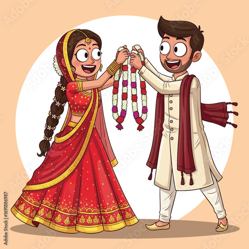 Funny Cartoon Indian Wedding Couple Illustration Exchanging Garlands in Traditional Attire