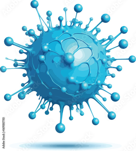 Microscopic view of a blue pathogenic virus cell with spikes. A scientific illustration for concepts related to virology, immunology, and epidemics