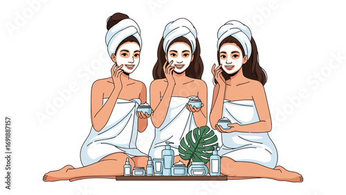Three young women in white towels and hair wraps applying face masks and skincare products for a spa day at home