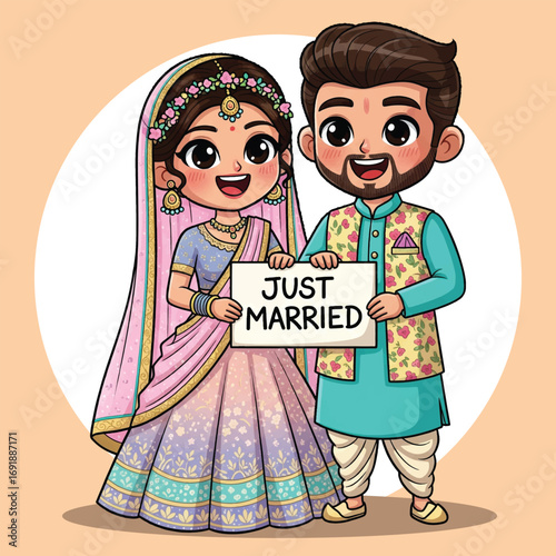 Cute Just Married Indian Couple Cartoon Illustration in Traditional Wedding Attire