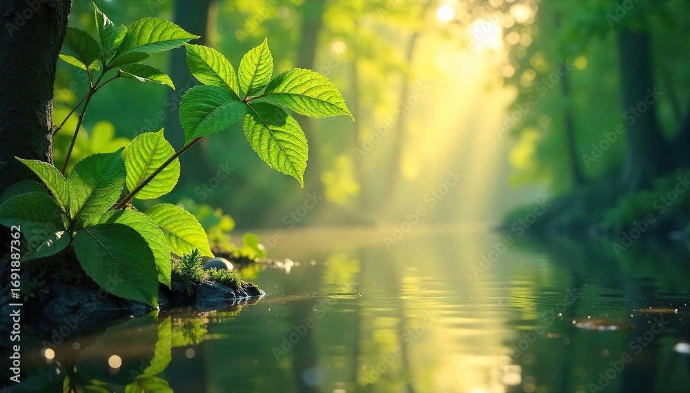 Naklejka premium Serene nature scene depicting spiritual healing; sunlight filters through leaves onto tranquil water Perfect for meditation, mindfulness, and well-being concepts , forest, tranquility
