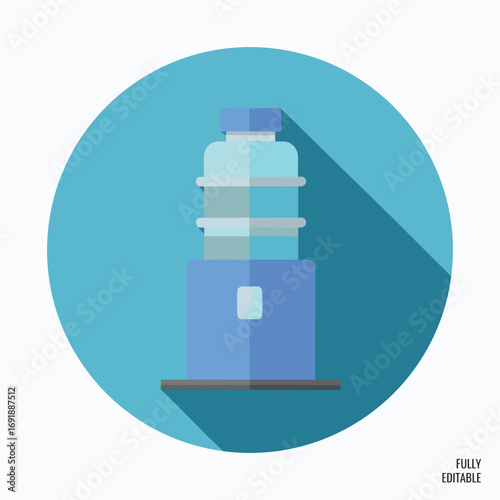 Vector art of a flat design illustration of a blue water cooler with a water bottle on top, casting a long shadow, isolated on a white background.