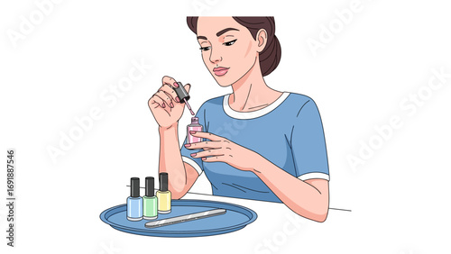 Young woman carefully applying clear nail polish to her fingernails with a brush from a small bottle on a blue tray