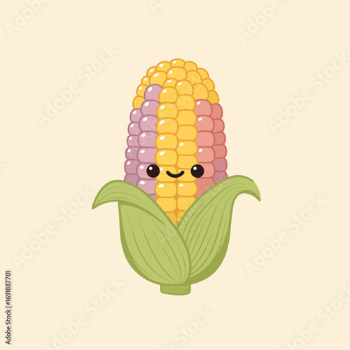 Cute cartoon corn cob with smiling face and green leaves.
