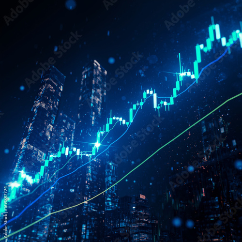 A futuristic digital illustration of the stock market with glowing candlestick charts, neon blue and green lines rising, modern skyscrapers in the background, symbolizing financial growth and investme