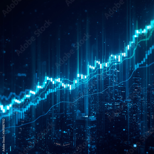 A futuristic digital illustration of the stock market with glowing candlestick charts, neon blue and green lines rising, modern skyscrapers in the background, symbolizing financial growth and investme