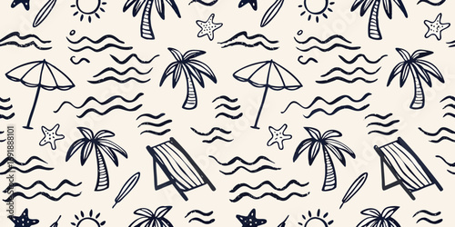 Hand drawn beach holiday seamless pattern with palm trees umbrellas and waves