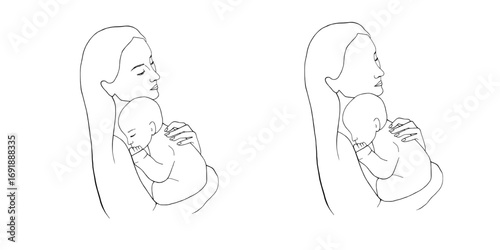 Mother hugs sleeping baby. Mom holds newborn child. Graphic vector illustration, sketch line art style, no face. Motherhood, Mothers Day. For cards, childbirth article, packaging children product