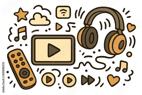 Streaming media doodle icon set. Hand drawn vector illustration for video content, music listening, and online entertainment. Includes headphones, remote control, and play buttons.