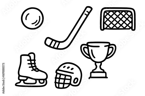 Bandy sport equipment and icons in hand-drawn doodle style. Vector cartoon illustration set for sports enthusiasts with stick, ball, goal, skate, helmet, and champion trophy cup.