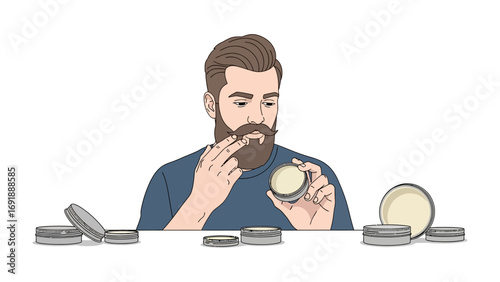 Bearded man meticulously applying beard balm or wax from a small tin grooming his facial hair with care and attention to detail