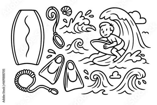 Collection of bodyboarding elements in a hand-drawn doodle style. Vector line art icons of a bodyboarder on a wave, boogie board, fins, leash, and sea. Summer water sport.