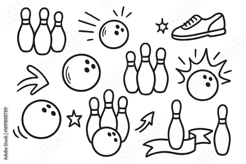 Bowling doodles set. Hand drawn vector elements for sports design. Cartoon sketch illustration of pins, balls, and shoe. Fun game icons for enthusiasts. Strike and activity.