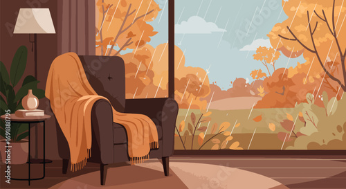 Dark brown armchair with orange throw blanket.
