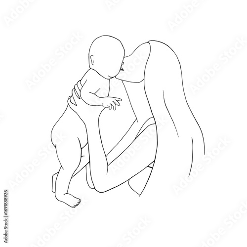 Mom kiss her baby. Mother picked up child in her arms. Graphic vector illustration, sketch line art style. About motherhood, Mother Day. For postcards, parenthood articles, packaging children product