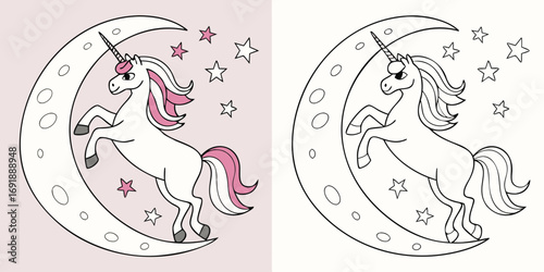 White unicorn with pink mane on crescent moon horse