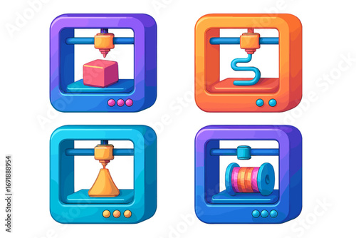 Colorful 3d printer icon set. Vector for additive manufacturing, rapid prototyping, digital fabrication. Modern technology concept, engineering, innovation and industry ideas.