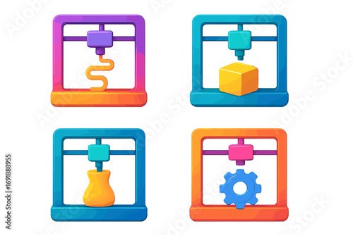 Colorful 3D printer icon set. Modern technology concept. Gradient style vector illustration. Additive manufacturing, prototyping, engineering. Printing cube, gear, vase.