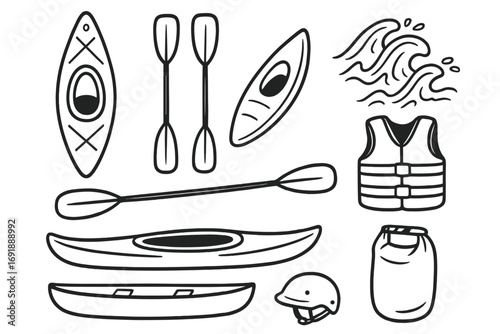 Canoeing and kayaking equipment doodle set. Water sport essentials vector icons. Line art illustration of canoe, kayak, paddle, life vest, helmet, rapids, and dry bag.