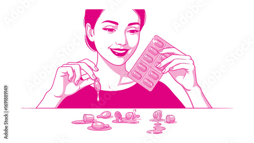 Woman with a surprised expression holding a blister pack of pills and dropping one onto a table with other pills scattered around