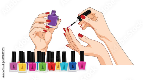 Close up of a woman s hands applying vibrant purple nail polish from a bottle to her fingernails with a collection of colorful polishes in the foreground