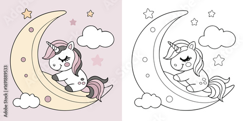 Cute unicorn sleeping on a crescent moon with stars and clouds