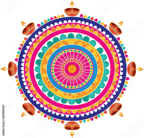 Colorful Diwali mandala with decorative diyas and intricate patterns on white background rangoli decoration