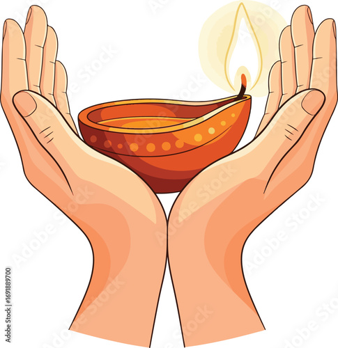 Cupped hands holding a lit diya with a glowing flame diwali
