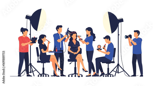 Professional photography studio setup with a team of artists working together to create a stunning portrait of a seated model under bright studio lights