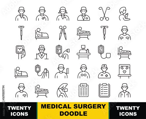 Medical surgery icons set featuring doctors nurses patients and equipment medical icons