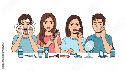 Diverse group of young adults applying skincare and makeup in a fun illustrative style with a white background