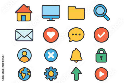 Colorful flat design icon set for web and app interfaces. Vector cartoon illustration of user interface elements. UI UX graphic symbols for navigation, website and mobile app.