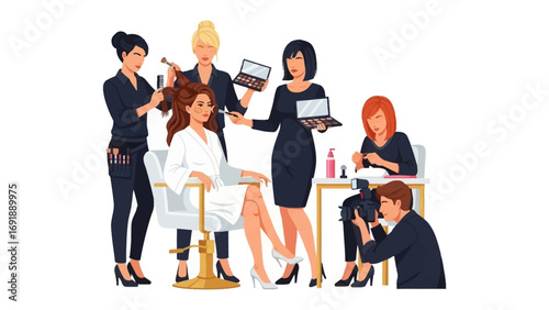 Diverse team of professional hairstylists and beauty salon staff collaborating on client hair and makeup services in a modern salon setting