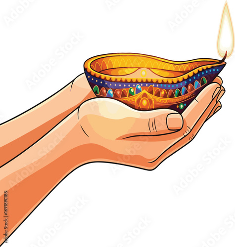 Hands holding a decorative lit diya oil lamp with intricate patterns vector illustration