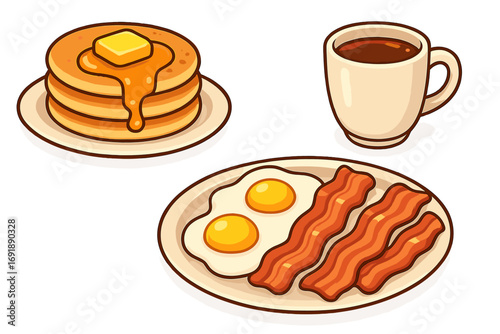 American breakfast food set with pancakes, bacon, fried eggs and coffee. Vector cartoon illustration of a classic morning meal. Diner menu clipart elements isolated on white.