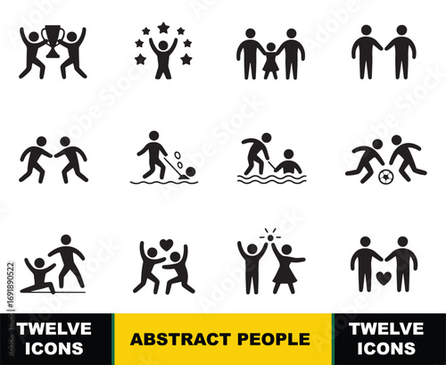 Twelve abstract black people icons showing teamwork celebration family sports and helping vector