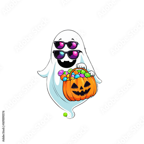 Cute ghost holding pumpkin trick or treat cartoon