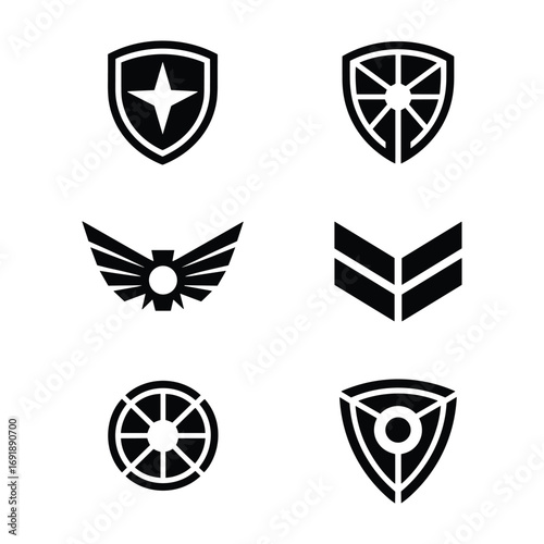 Six black tactical shield and emblem icons on white background badge military logo ideas