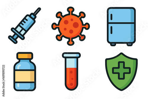 Medical icon set with vaccine, syringe, virus, test tube. Health care symbols for vaccination, immunization, pandemic protection. Vector illustration shield, vial, refrigerator.