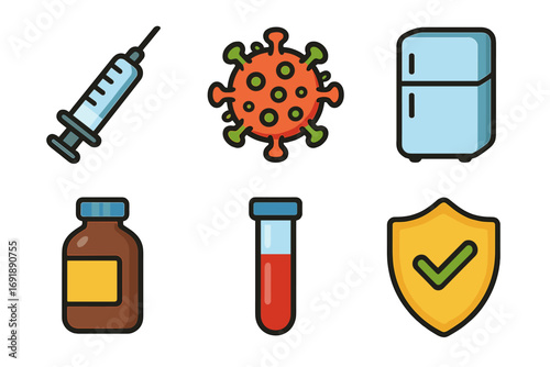 Health care icon collection. Vaccine injection, virus molecule, cold storage fridge, medicine bottle, blood test, and protection shield symbol. Immunology and pandemic concepts.