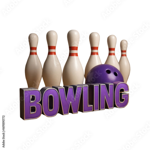 Bowling pins and ball with word bowling isolated on transparent background