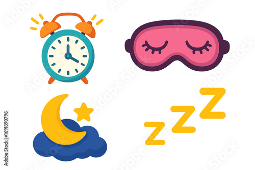 Sleep wellness icon set. Vector cartoon illustration of alarm clock, night mask, moon, zzz. Concept of bedtime, good night, morning routine, healthy rest, circadian rhythm.