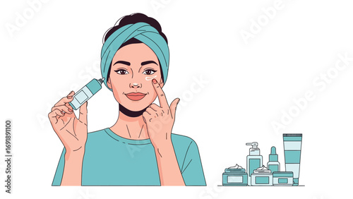 Young woman with towel on head applying cream to her face with a tube of skincare product in her hand with cosmetic bottles in the background
