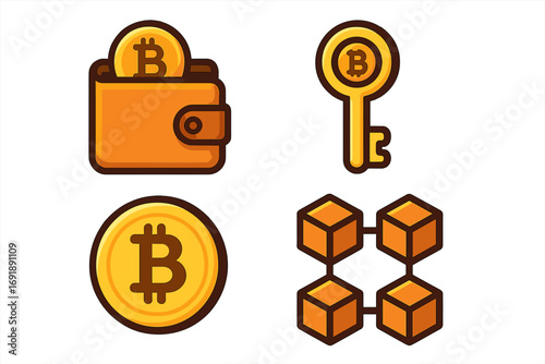 Bitcoin icon set. Digital currency concept. Crypto wallet, private key for security, blockchain technology. Vector financial illustration for decentralized network and investment.