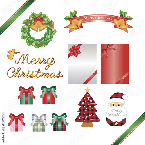 クリスマス　アイコン　飾り　装飾　サンタクロース　リース　プレゼント　あしらい　カード　イラスト素材