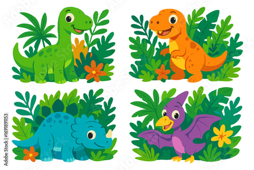Cute cartoon baby dinosaurs set. Vector collection of T-rex, Triceratops, Brontosaurus, Pterodactyl in tropical jungle leaves. Funny prehistoric animal characters for kids.